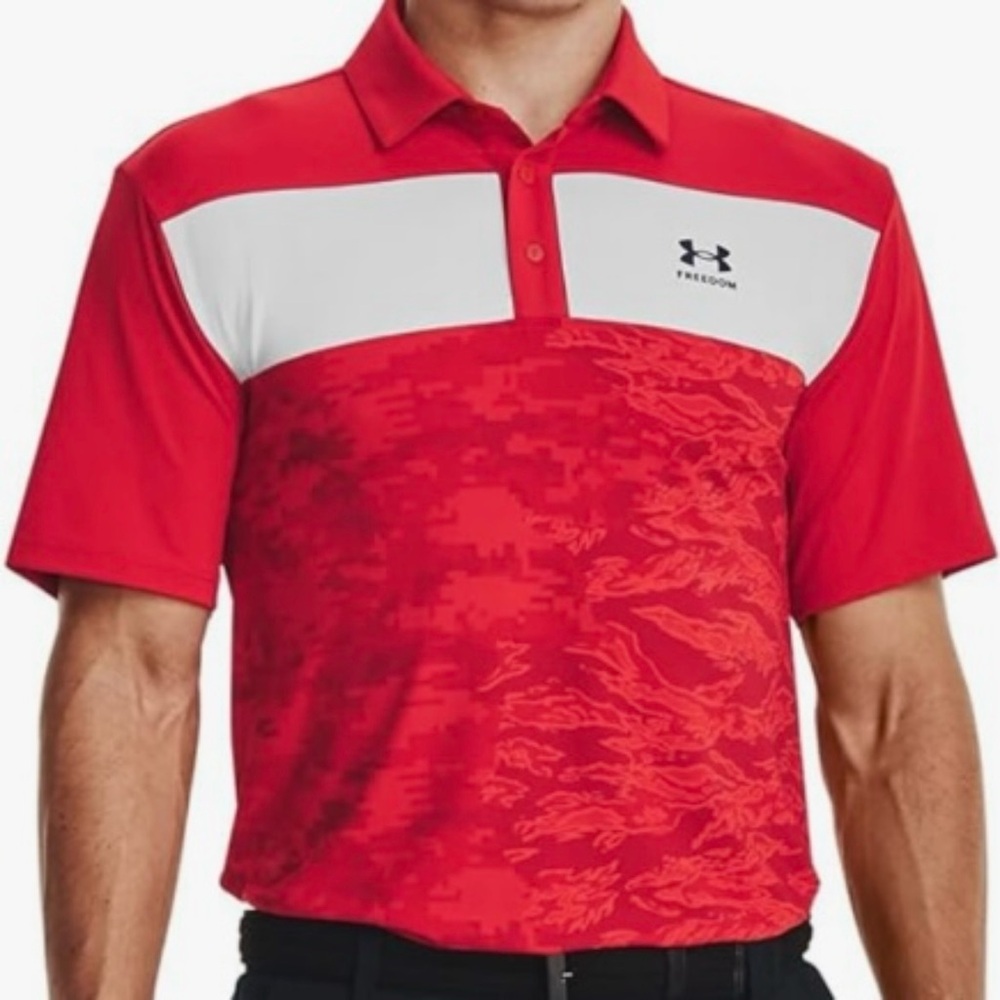 Mens Under Armour Playoff 3.0 Freedom Polo SM Mens UA Freedom Golf Polo Camo RED